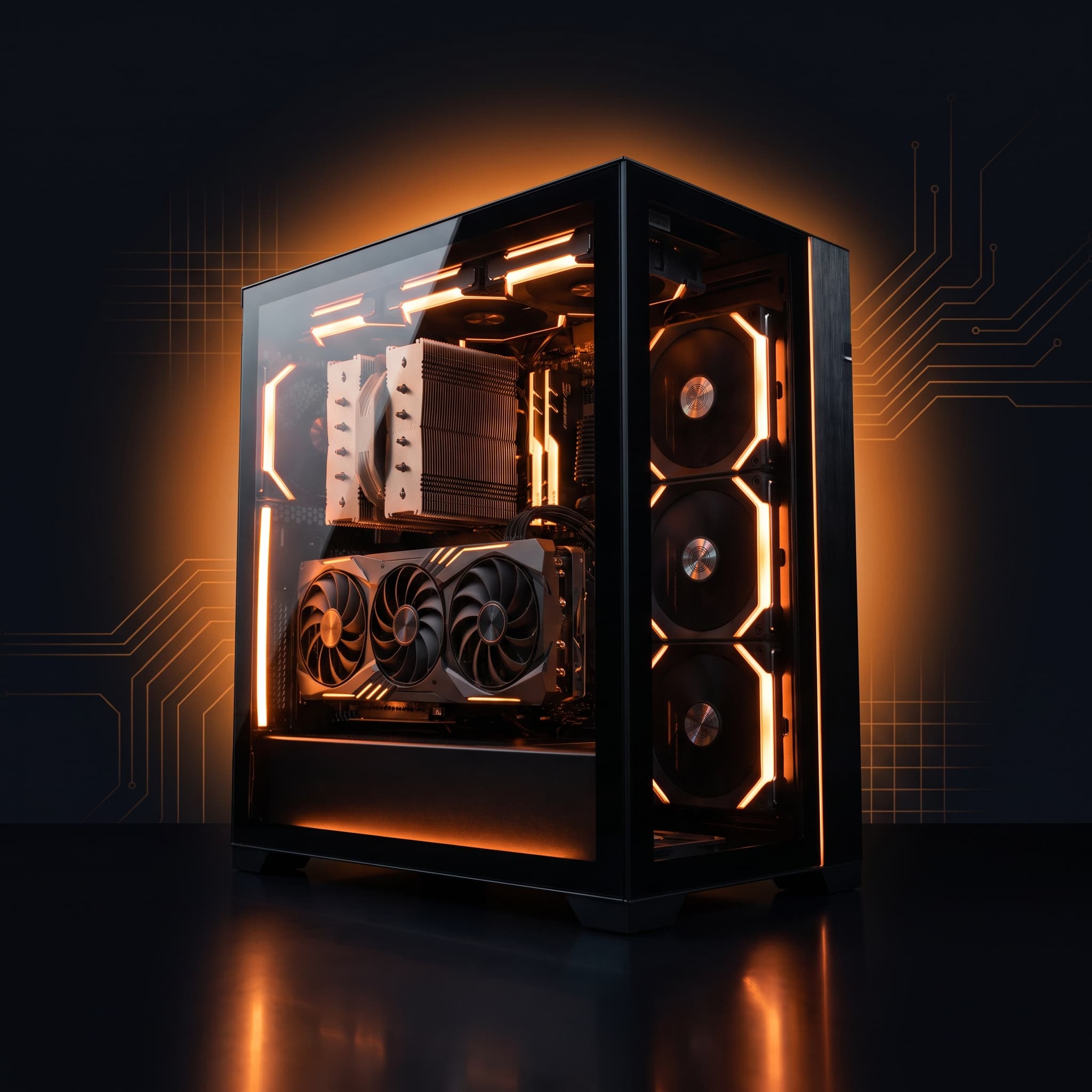Gaming-PC für Valorant mit orangefarbener RGB-Beleuchtung