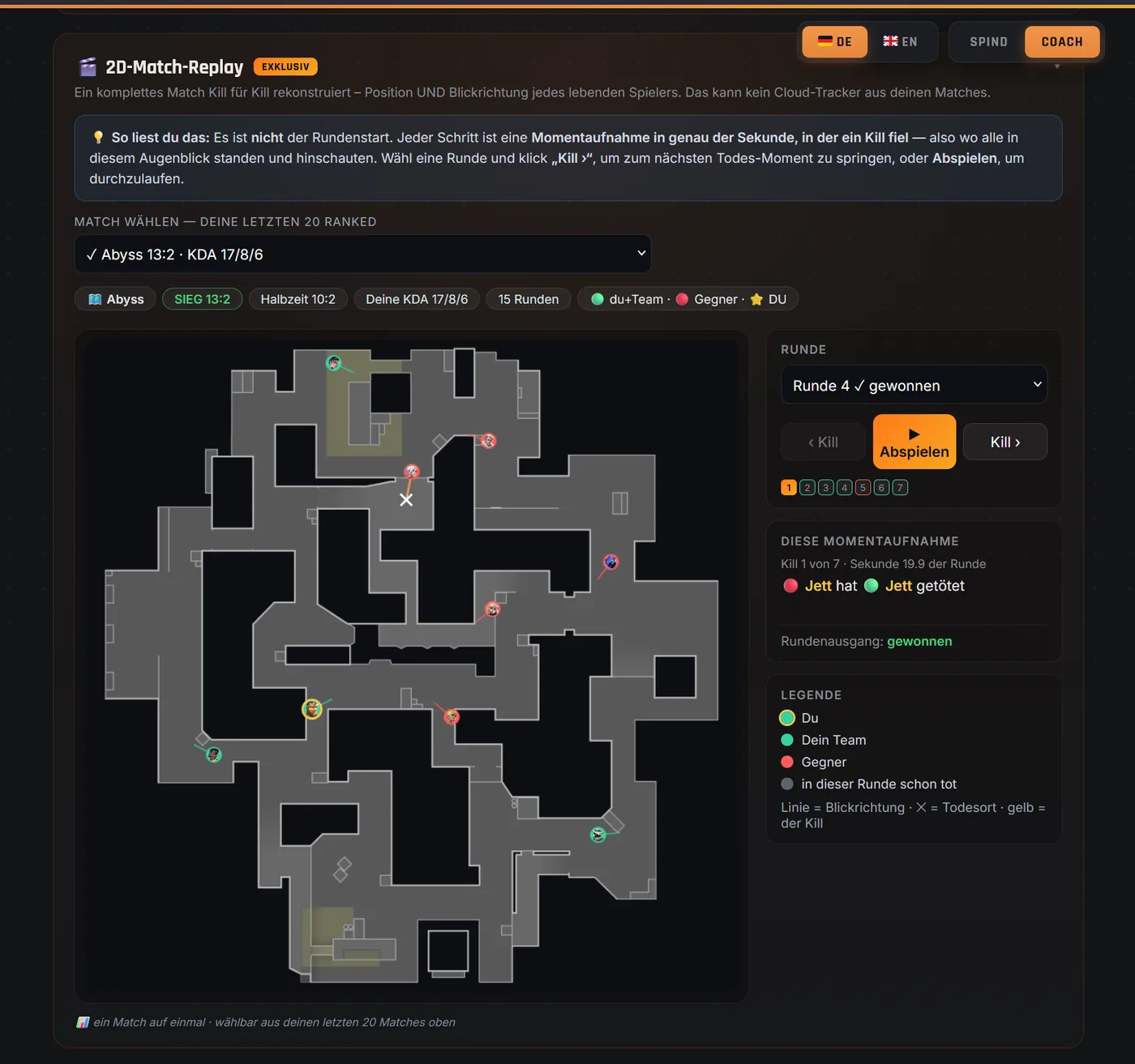 2D match replay: a complete Valorant match reconstructed kill by kill on the map