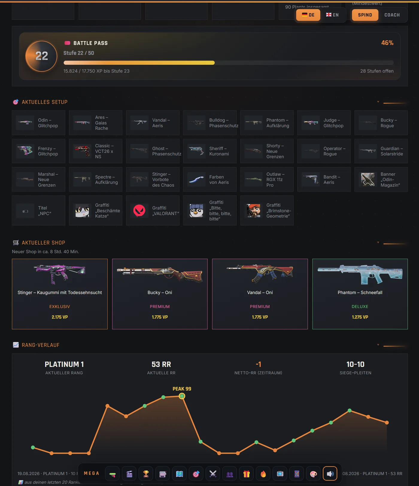 Current Valorant shop, Battle Pass and rank history in the Valorant-Spind app