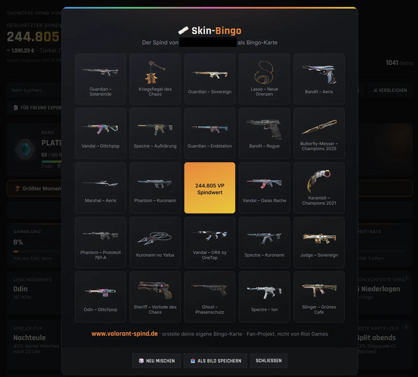 Skin bingo with real skins from your own locker in the Valorant-Spind app