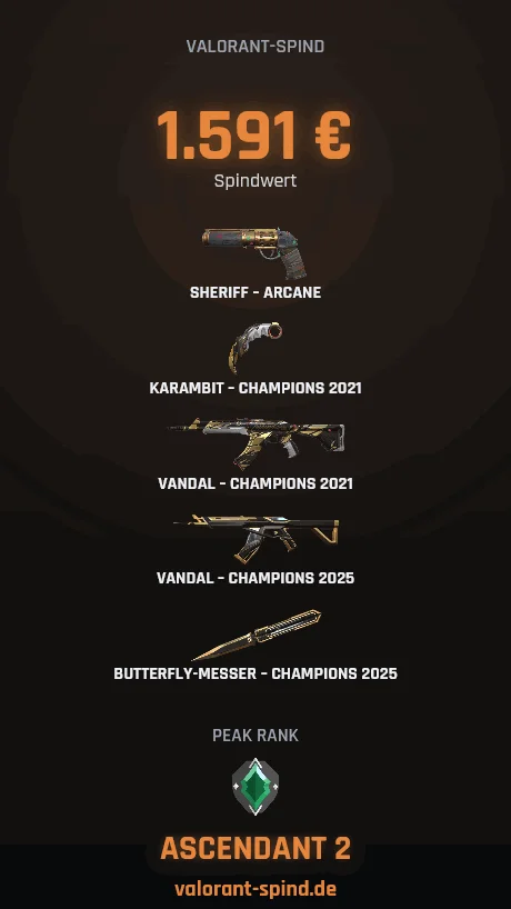 Animierte Valorant-Spind Share-Karte mit Spindwert, Top-5-Skins und Peak-Rang zum Teilen