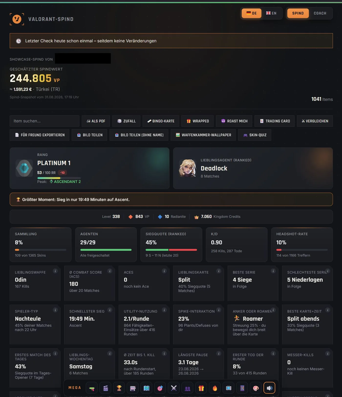 Valorant-Spind overview with locker value, rank, favourite agent and 40+ stats