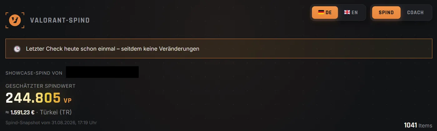 Valorant-Spind zeigt den Wert deiner Skins-Sammlung in Euro