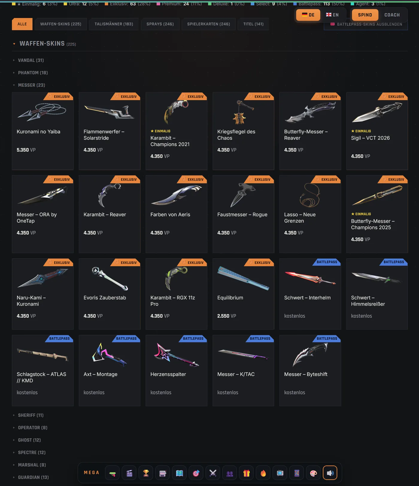 Weapon skins sorted by weapon and expandable in the Valorant-Spind app