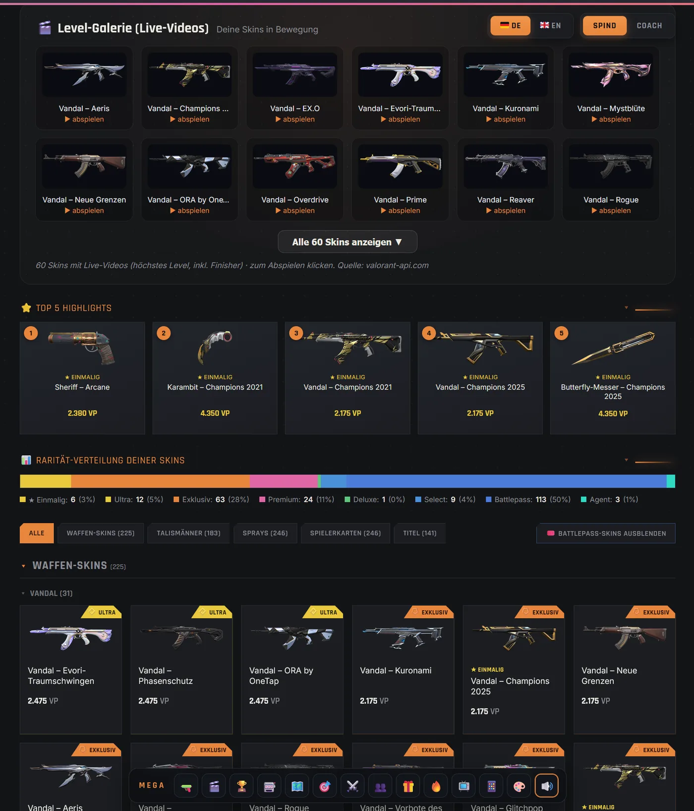 All weapon skins as a gallery with live video and level in the Valorant-Spind app