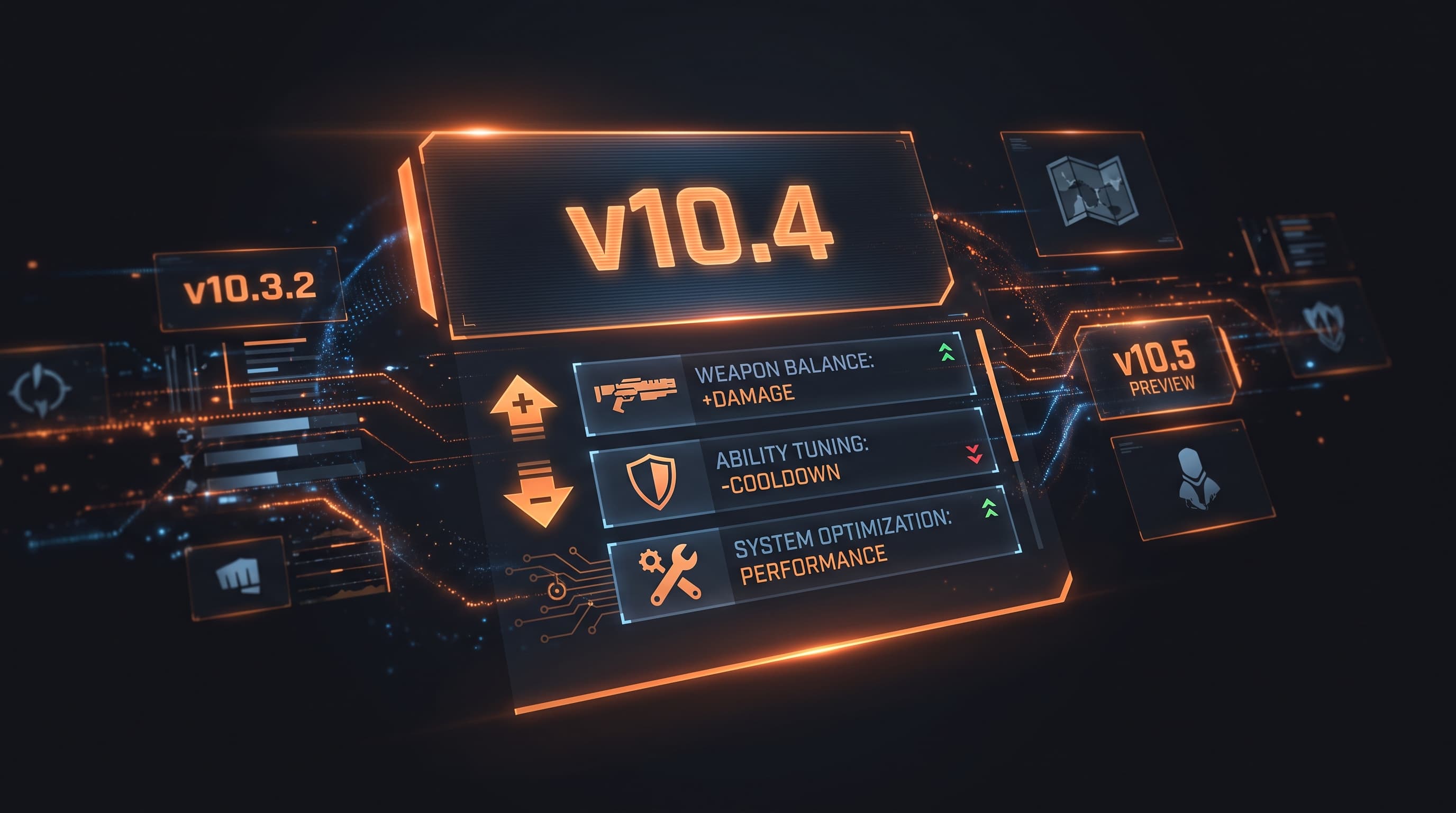 Valorant patch notes concept with version numbers, buff and nerf arrows and balance changes