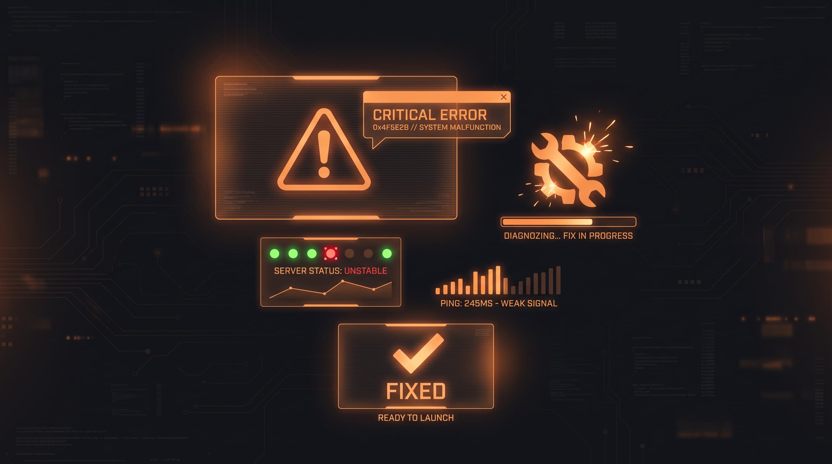Valorant error codes and server status with warning symbols and repair icons