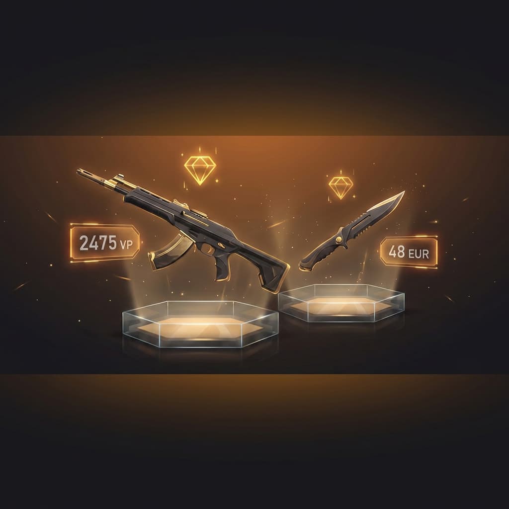 The most expensive Valorant skins as premium weapons on pedestals with VP and euro prices