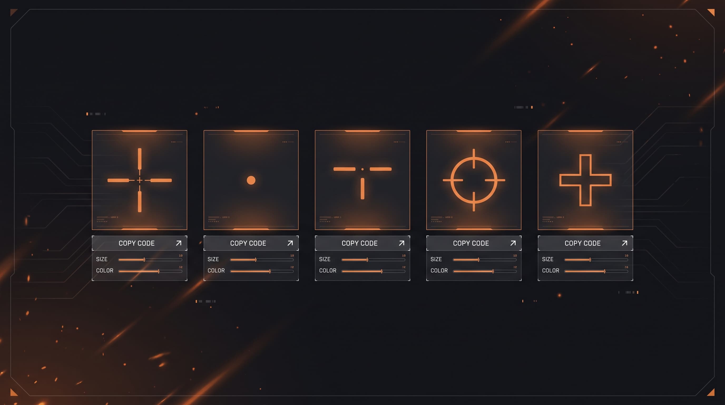 Various Valorant crosshair designs with copy-code buttons and settings
