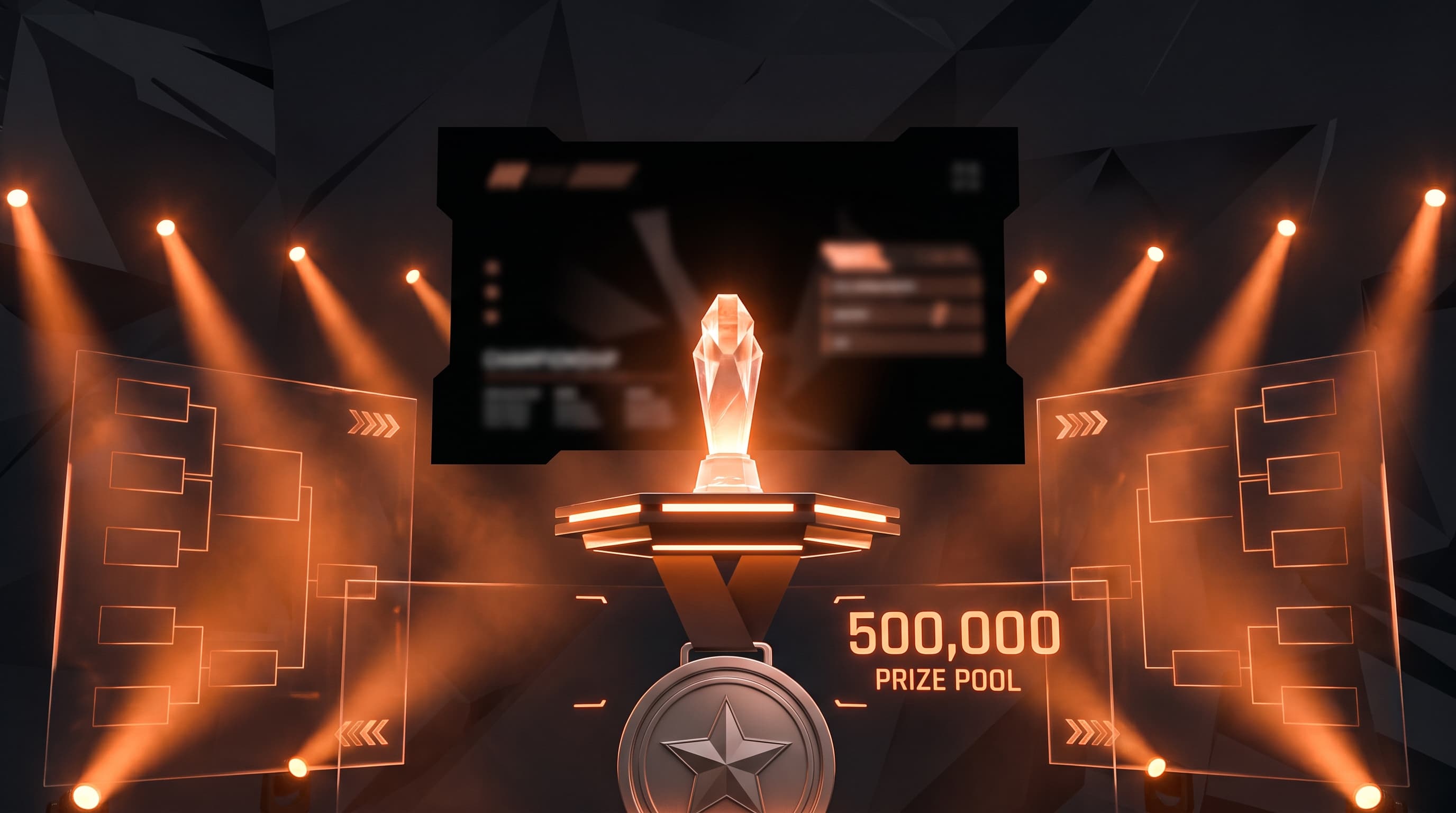 Valorant esports with championship trophy, tournament bracket and stage