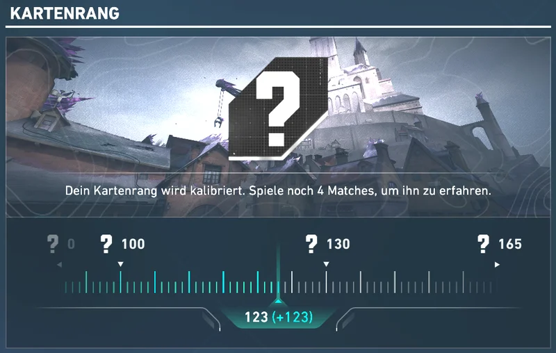 Kartenrang-Panel im deutschen Valorant-Client: Hinweis Dein Kartenrang wird kalibriert, Spiele noch 4 Matches, Skala mit verdeckten Noten bei 100, 130 und 165 sowie aktueller Wert 123 (+123)
