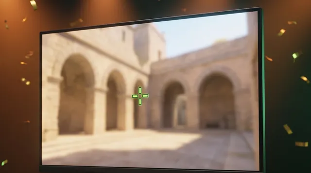 Monitor showing a tiny green cross crosshair on a bright map, confetti in the background