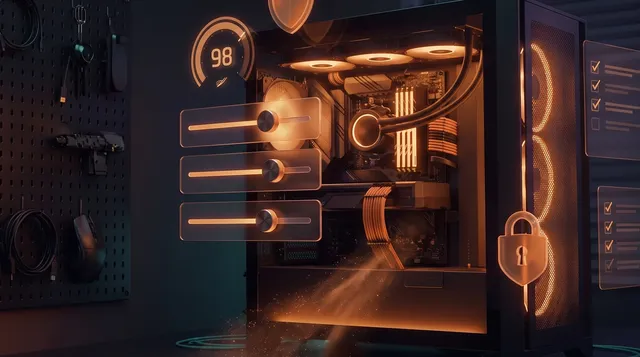 Open gaming PC with tuning sliders, a score of 98, a checklist and a privacy padlock