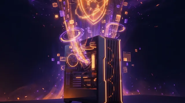 Gaming PC with a glowing data stream, download rings and a shield emblem