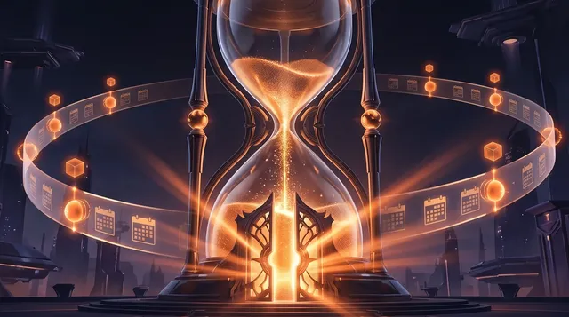 Giant hourglass portal with a glowing timeline and calendar tiles