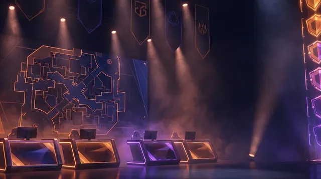 Tournament stage with five gaming stations, tactical map and division shields