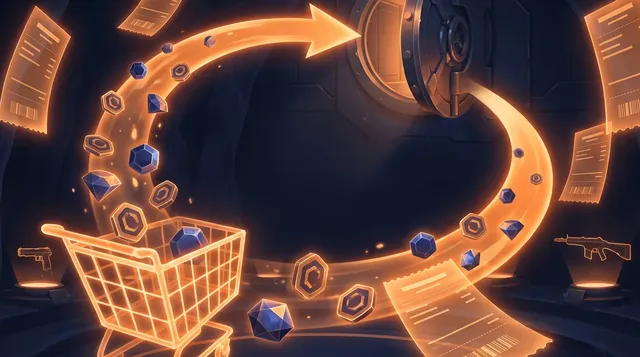 Holographic cart with currency tokens flowing back into a vault