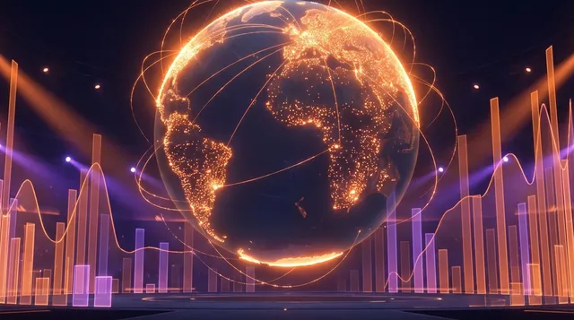 Glowing globe with player dots above an arena with bar charts