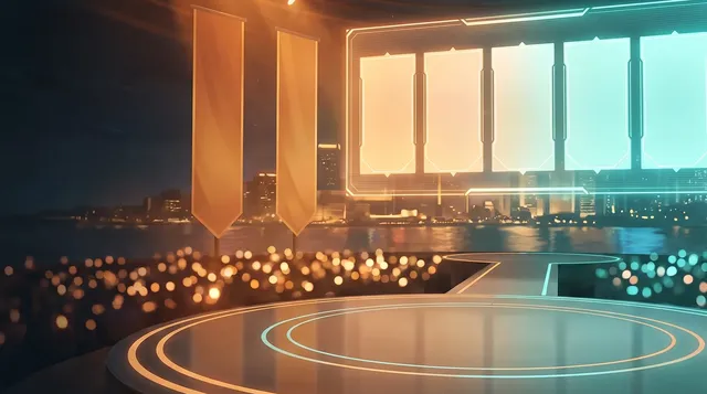 Tournament stage at night with five glowing empty roster cards and a riverside skyline