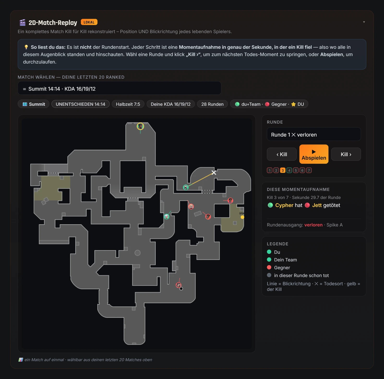 2D-Match-Replay: ein komplettes Valorant-Match Kill für Kill auf der Karte rekonstruiert