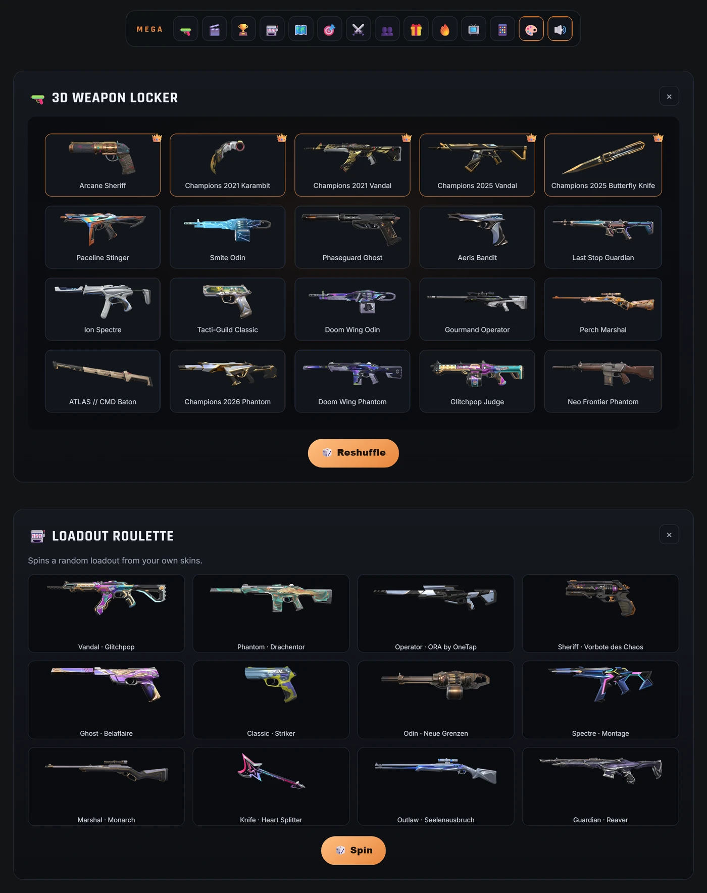 MEGA bar with all fun tools, the 3D weapon locker and loadout roulette in the Valorant-Spind app