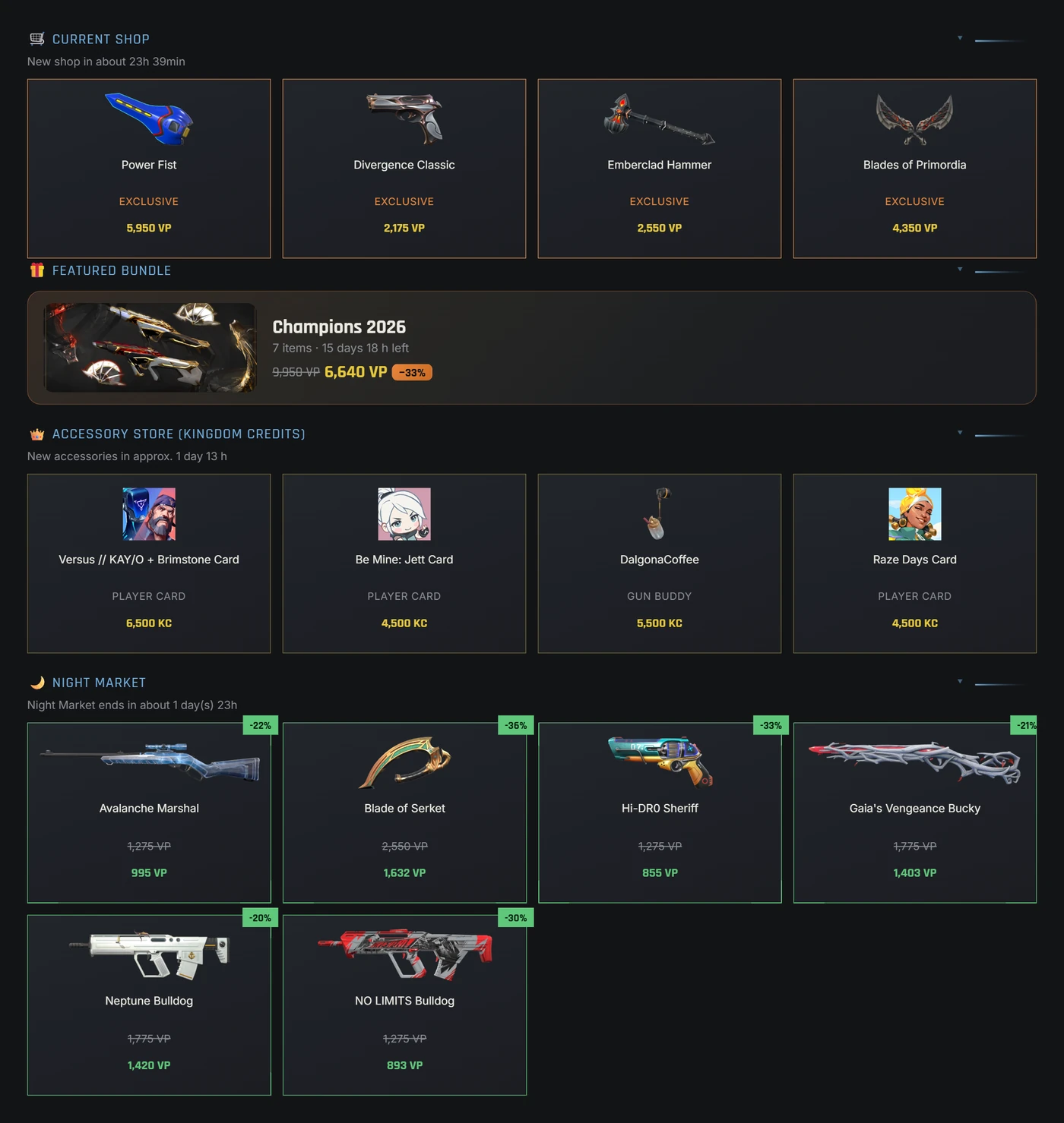 Current Valorant shop with featured bundle, accessory store and Night Market in the Valorant-Spind app