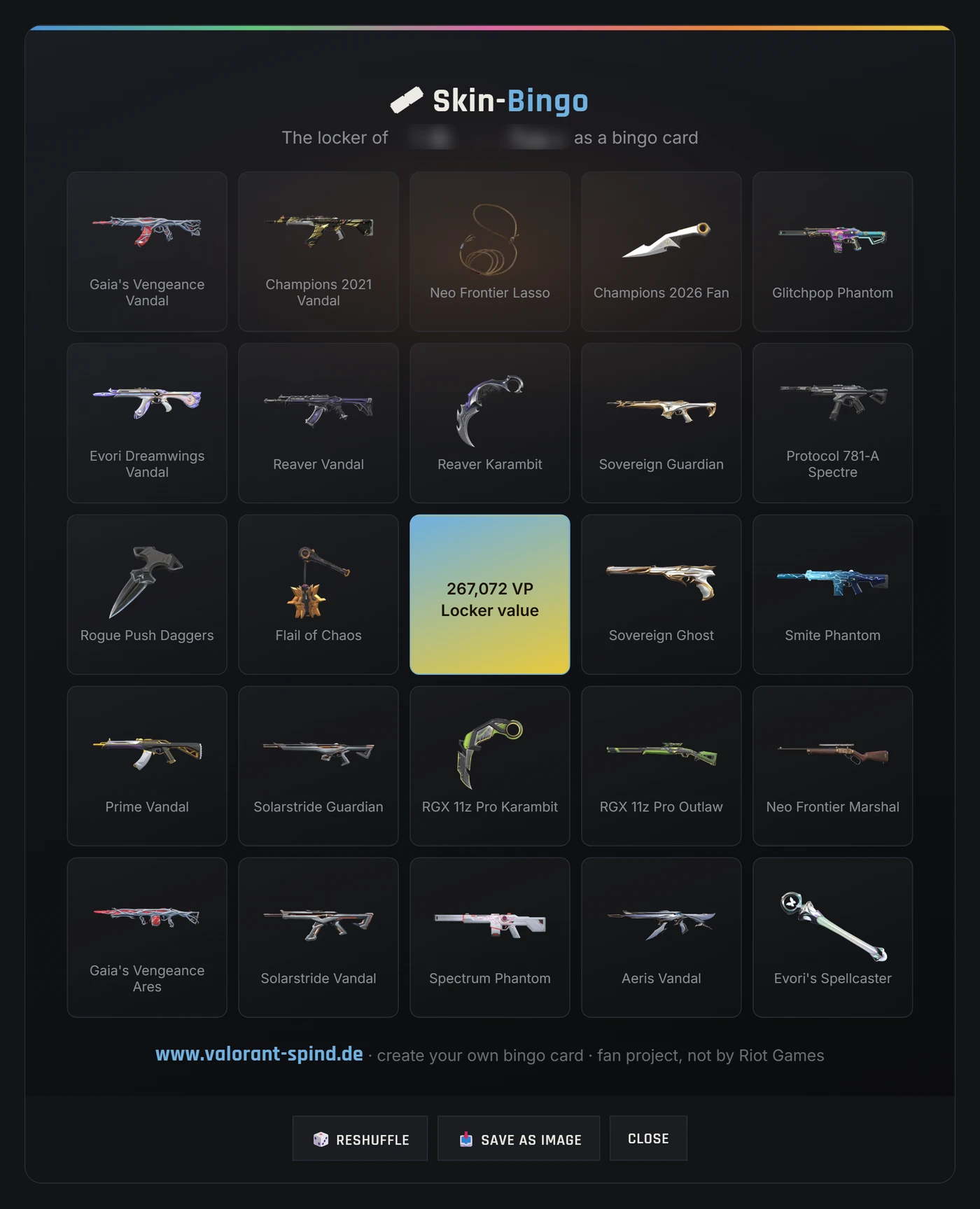 Skin bingo with real skins from your own locker in the Valorant-Spind app