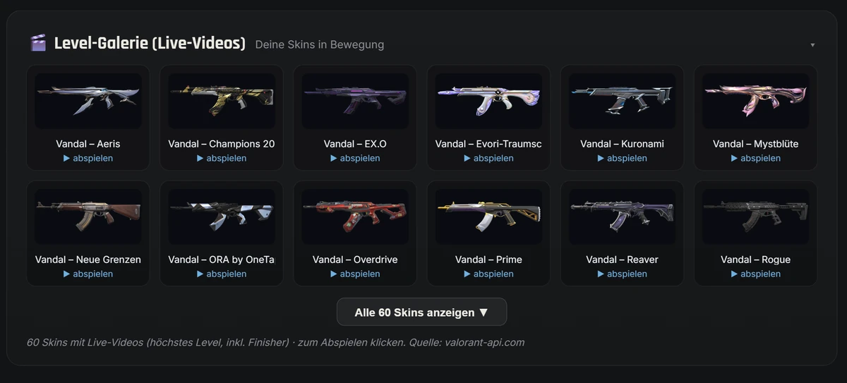 Level-Galerie mit Live-Videos deiner Valorant-Skins in Valorant-Spind