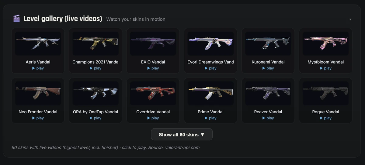 Level gallery with live videos of your Valorant skins in Valorant-Spind