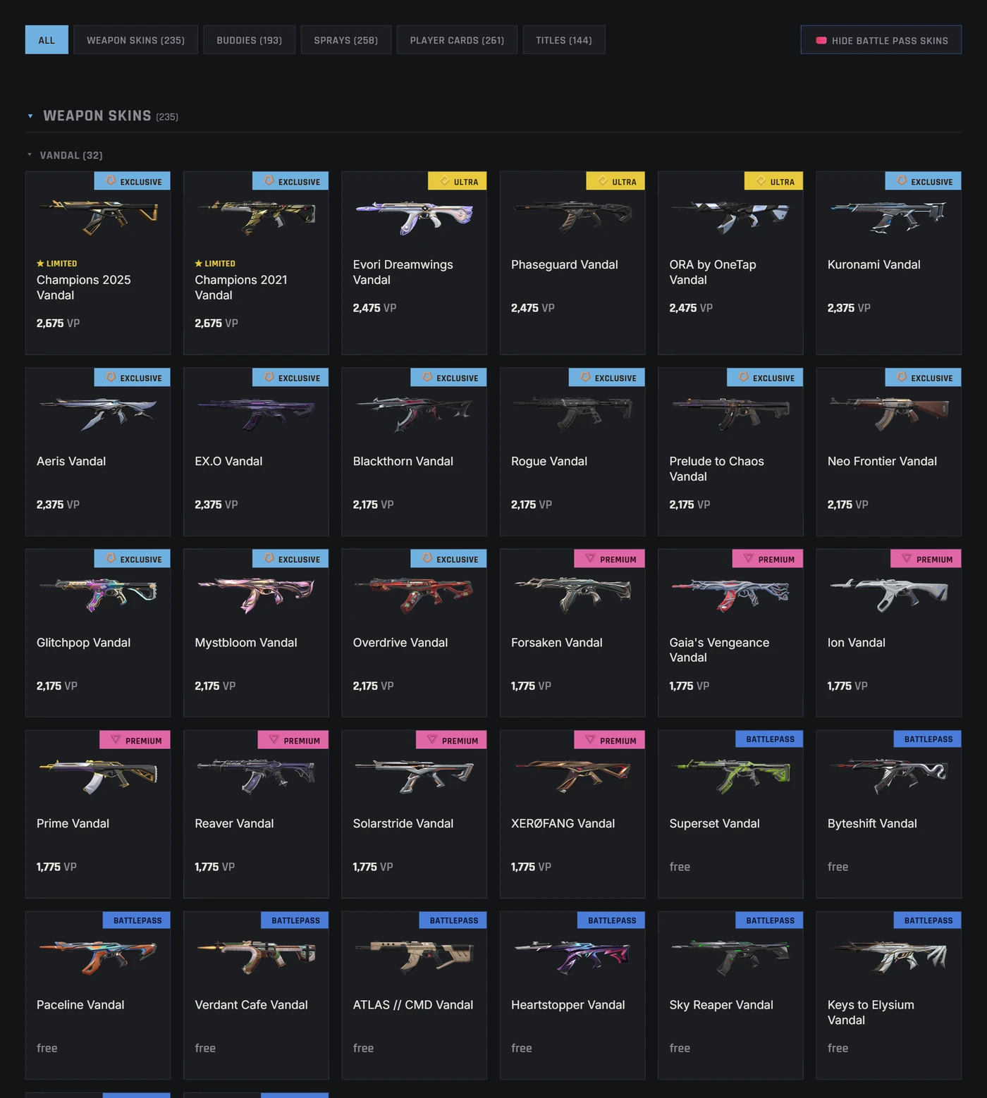 Weapon skins sorted by weapon and expandable in the Valorant-Spind app