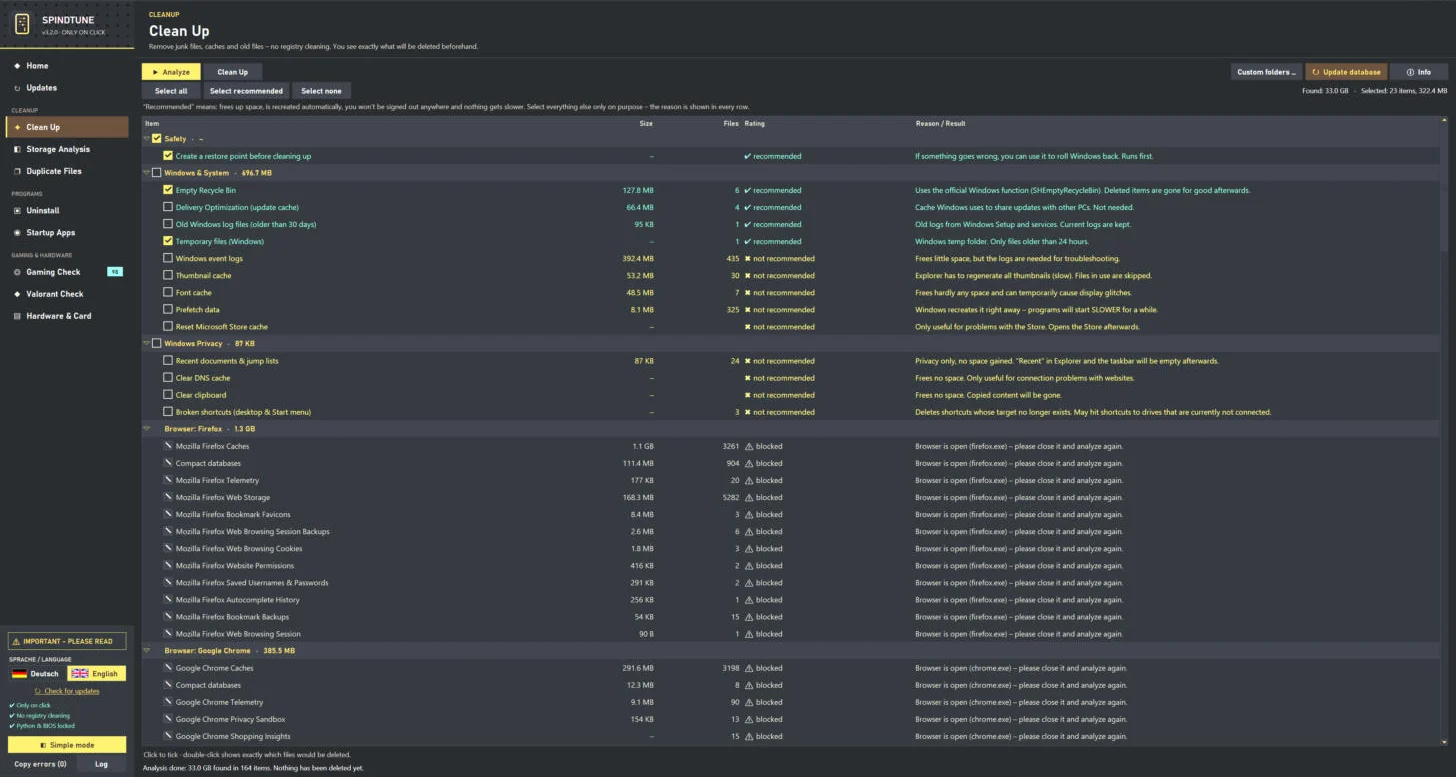 SpindTune Clean Up after the analysis: recommended and not recommended items with size, file count and reason