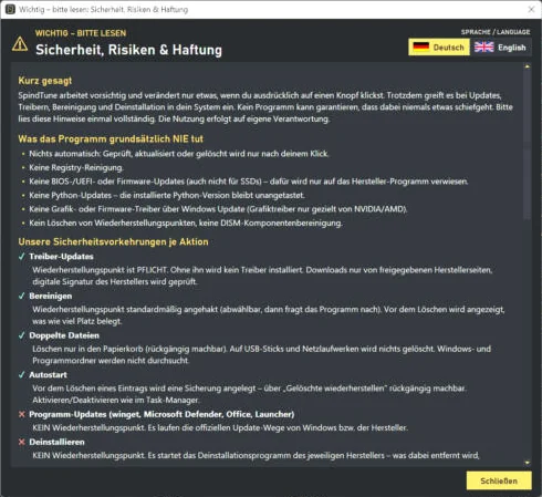 SpindTune Hinweisfenster Sicherheit, Risiken und Haftung mit der Liste, was das Programm nie tut