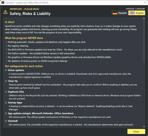 SpindTune notice window Safety, Risks and Liability with the list of what the program never does