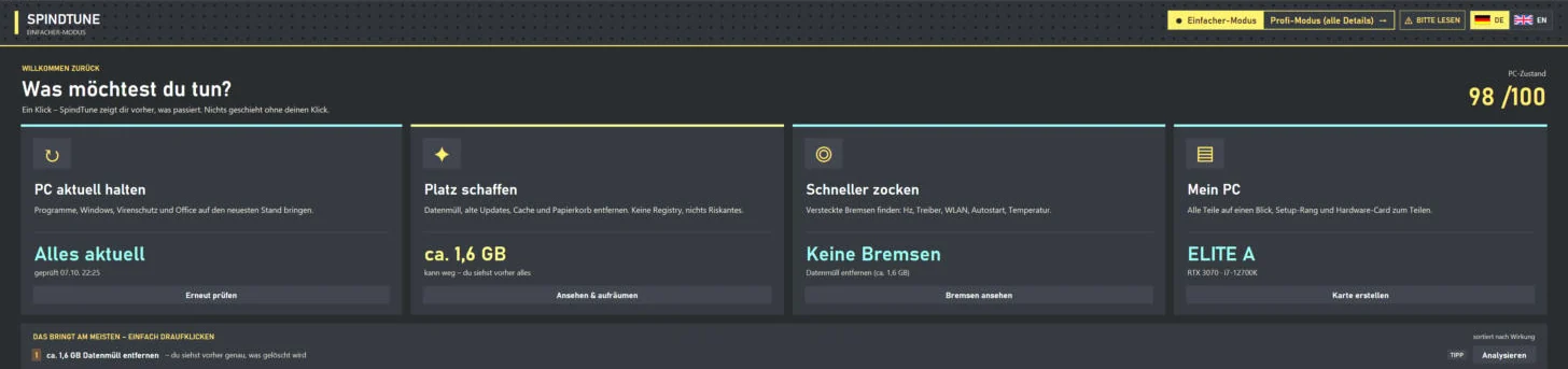 SpindTune Einfach-Modus mit den vier Karten PC aktuell halten, Platz schaffen, Schneller zocken und Mein PC