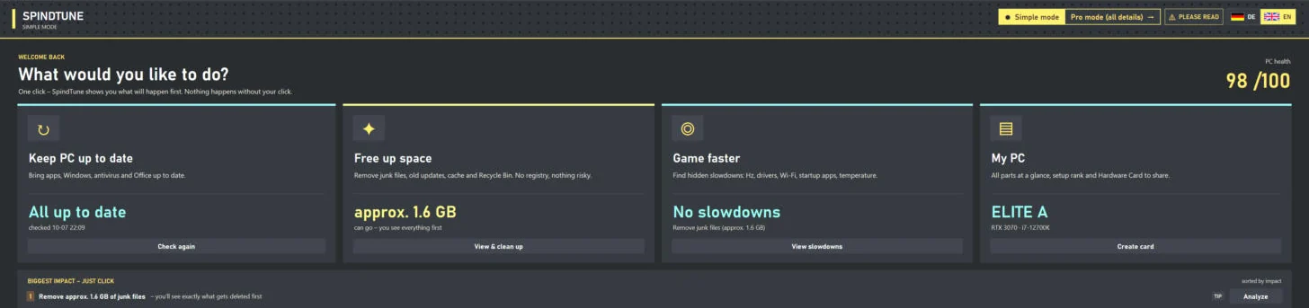 SpindTune Simple mode with the four cards Keep PC up to date, Free up space, Game faster and My PC
