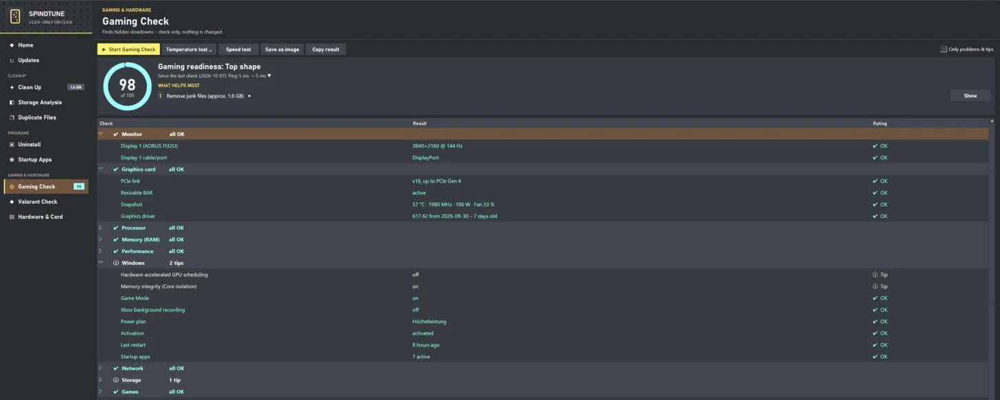 SpindTune Gaming Check with score 98 of 100 and details on monitor, graphics card and Windows settings
