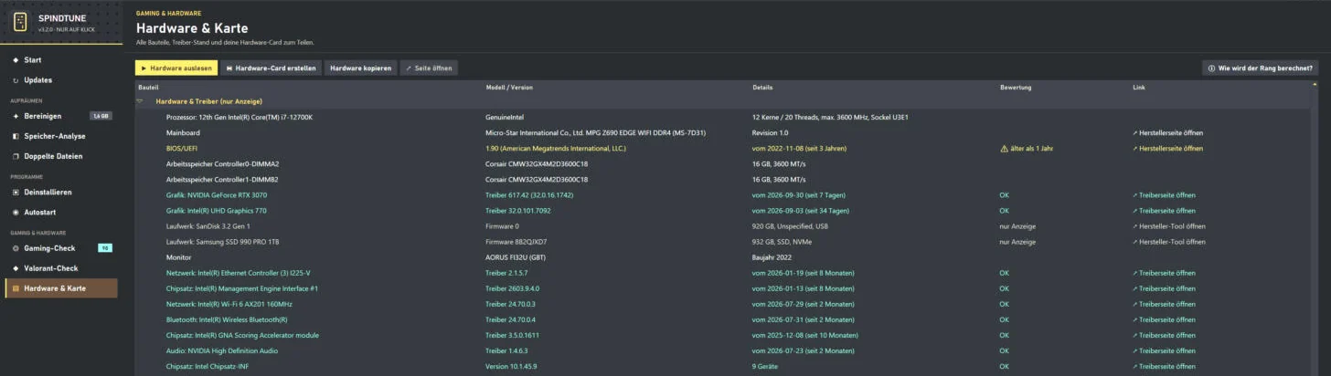 SpindTune Hardware und Karte: Prozessor, Mainboard, BIOS, Arbeitsspeicher, Grafik, Laufwerke, Monitor und Treiber mit Datum