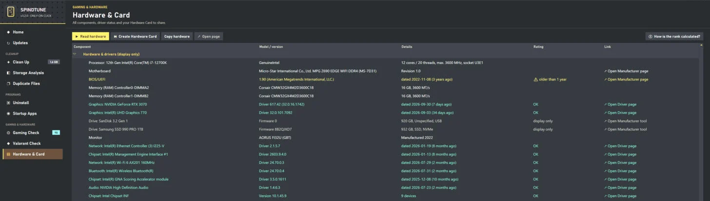 SpindTune Hardware and Card: processor, motherboard, BIOS, memory, graphics, drives, monitor and drivers with dates