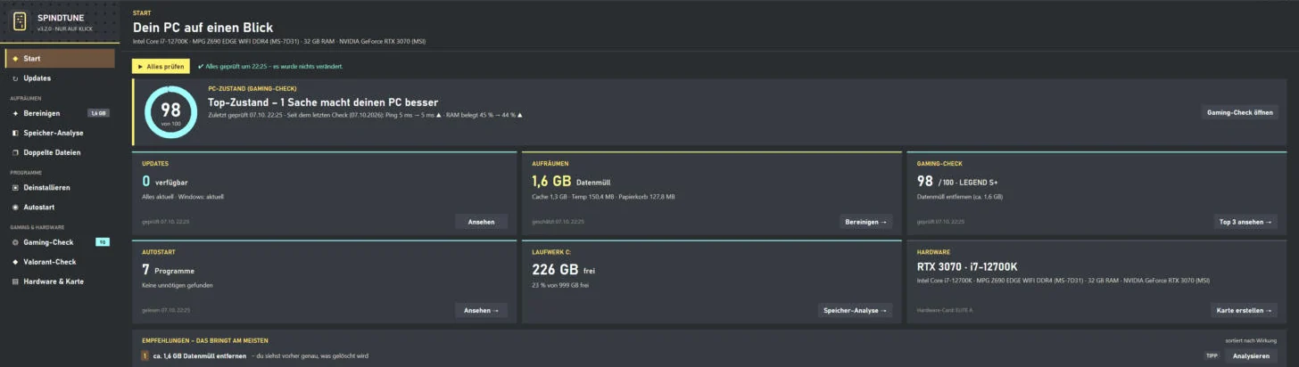 SpindTune Profi-Modus Startseite: PC-Zustand 98 von 100, Updates, Aufräumen, Gaming-Check, Autostart, Laufwerk C und Hardware