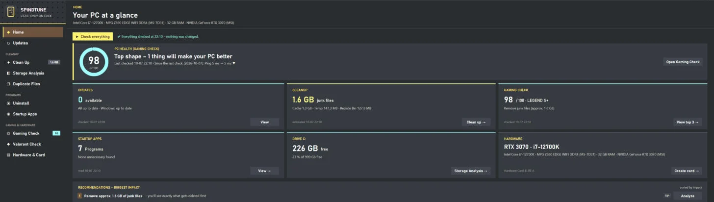 SpindTune Pro mode home: PC health 98 of 100, updates, cleanup, gaming check, startup apps, drive C and hardware