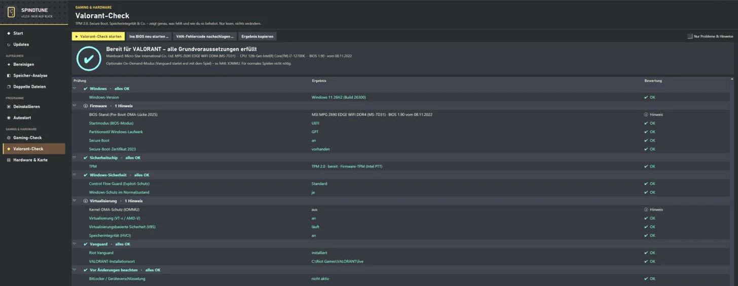 SpindTune Valorant-Check: Bereit für VALORANT – alle Grundvoraussetzungen erfüllt, mit TPM 2.0, Secure Boot, UEFI und Vanguard