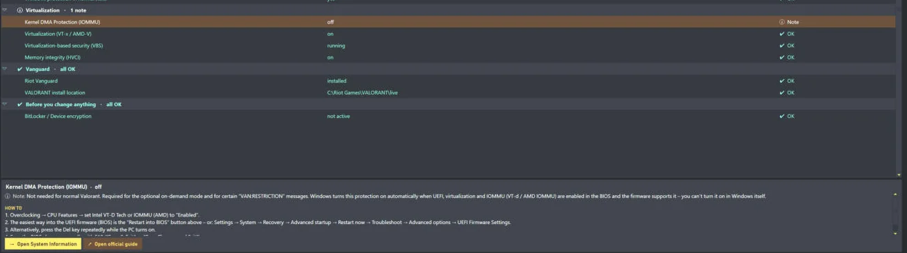SpindTune Valorant Check instructions for Kernel DMA Protection IOMMU with steps for an MSI motherboard