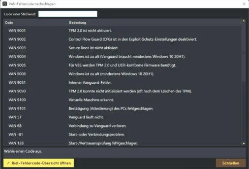 SpindTune VAN-Fehlercode-Lexikon mit VAN 9001, VAN 9003, VAN 9090 und weiteren Codes
